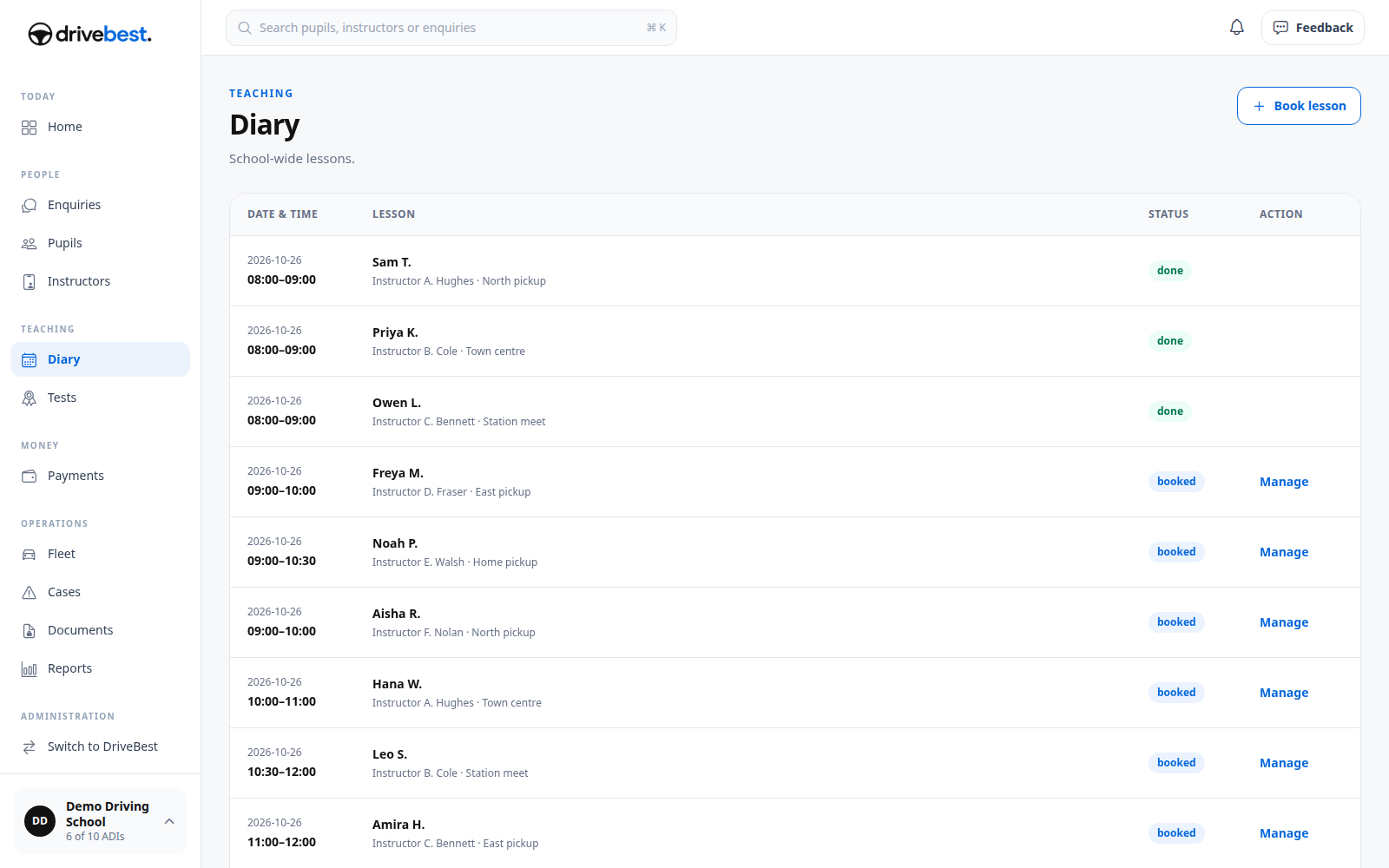 Whole-school diary for Demo Driving School, with six instructors' Monday lessons, times and booking status.